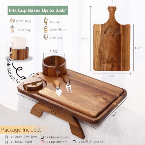 Nnewvante Acacia Wood Couch Arm Table with Charcuterie Board & Cheese Knife - Image 4