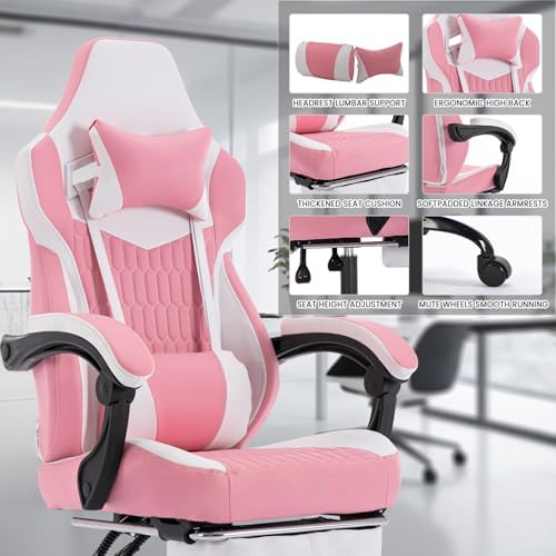 Leather Ergonomic Gaming Chair with Footrest, Cute Pink Gaming Chair with Comfortable Headrest & Lumbar Support for Adults Women Girls, Comfy, 300 LBS Capacity (Pink) - Image 7