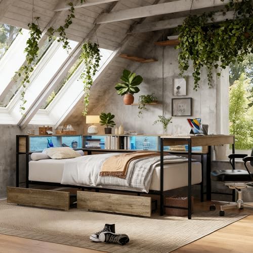 Bellemave Full Size Corner Bed Frame with Storage Drawers, Bookcase and Side Desk, Full Corner Bed with Light and Charging Station, Daybed for Bedroom, Living Room, Guest Room Gray - Image 3