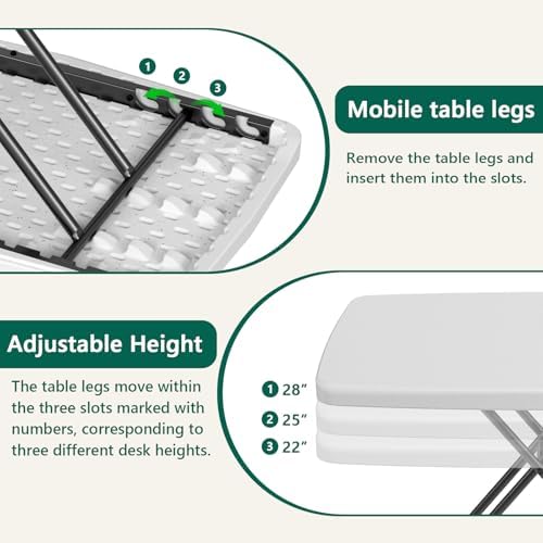 Folding Table 30 Inch - Small Desk Adjustable Height TV Tray for Laptop, Couch, Camping - Heavy Duty Utility Foldable Table for Small Spaces, No Assembly Required,Plastic White Granite - Image 6