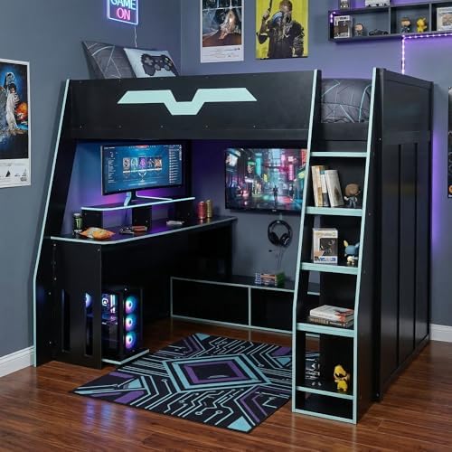 Merax Full Size Gaming Loft Bed with Desk and Multi-Storage Shelves, Space-Saving Wood Loft Bed Frame with Full-Length Guardrail for Teens Bedroom, Built-in Light Strip & Charging Station, Cloud Blue - Image 3