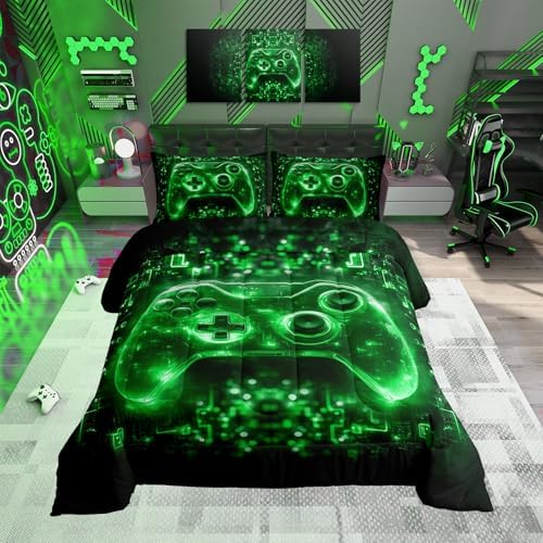 Feelyou Kids Boys Gamer Comforter Set Video Game Gamepad Queen Size Bedding Set for Teens Green Black Game Gaming Comforter Soft Microfiber by Feelyou
