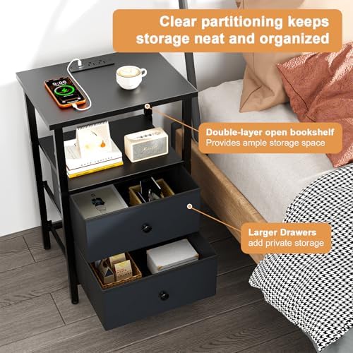 Nightstand with Charging Station, Bedside End Table with 2 Fabric Drawers for Bedroom, Side Table with USB Ports and Outlets (Black) - Image 4