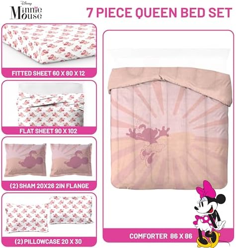 Disney Minnie Mouse Queen Comforter Set 7 Piece Bedding for Girls, Pink - Image 3