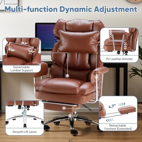 DUMOS Ergonomic Home Office Desk Chair, Executive Chair, PU Leather | Big Tall High Back, Lumbar Support, Reclining Height Adjustable, Computer Gaming, Footrest Swivel Wheels, Brown - Image 6