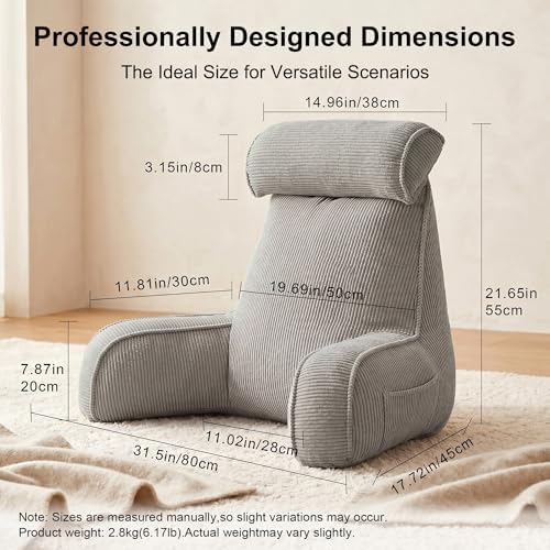 Corduroy Reading Pillow for Sitting Up in Bed, Backrest Pillow with Arms, Full Back Support Cushion with Side Pockets & Washable Cover, Adult Support for Sofa Couch Floor, Light Gray - Image 4