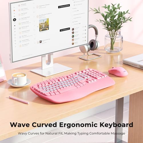 MEETION Ergonomic Wireless Keyboard and Mouse Combo with Wave Keys, Pink - Image 2
