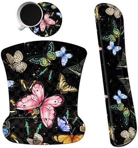 Ergonomic Mouse Pad with Wrist Support Gel Mouse Pads and Upgrade Keyboard Wrist Rest Pad Set, Coasters Non-Slip PU Base Mouse Mat for Office Gaming Computer Laptop Home, Glitter Butterfly by Dikoer