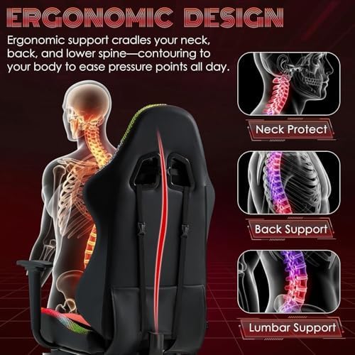ECOTOUGE Gaming Chair, Video Game Chair with RGB LED Lights & Footrest | Ergonomic Computer Chair Height Adjustable with Massage Lumbar Support and Headrest for Adults and Kids, Black&Red - Image 5