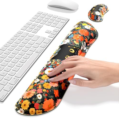 Dapesuom Enlarge Keyboard Wrist Rest, Memory Foam Wrist Cushion for Desk Mats Support, Typing Pain Relief Keyboard Mouse Pad Rests Set with Non-Slip Base for Gaming Laptop Computer, Cat Flower Bush - Image 4