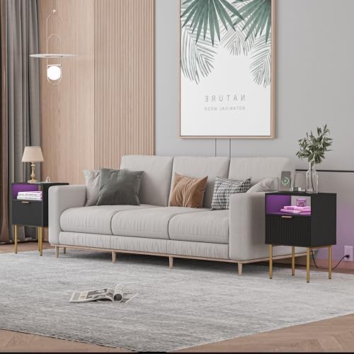 Modern Nightstand with Charging Station and LED Lights, Black Nightstand with Drawer, Fluted Nightstand for Living Room, Bedroom - Image 6