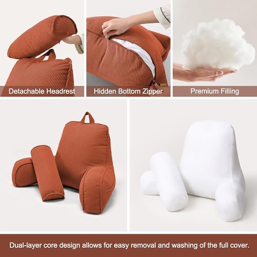 Pillow with Arms for Sitting Up in Bed, Reading Backrest Pillow, Corduroy Back Support Cushion with Side Pockets & Washable Cover, Bed Rest Pillow for Bed Sofa Couch Relax Support, Brick Red - Image 6