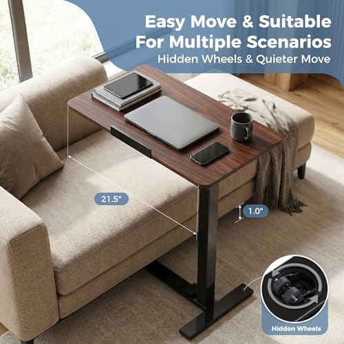 DUMOS Overbed Table with Wheels, Height-Adjustable Bedside Table, Brown - Image 6