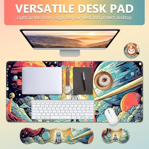 AIMSA Desk Mat Set, Mouse Pad with Wrist Rest +Keyboard Wrist Rest +Large Mouse Mat +Coaster, 4in1 Extended Gaming Mousepad Set for Home Office, Planet Astronaut - Image 2