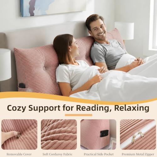 Wedge Reading Pillow Headboard Queen Size, Headboard Bolster Pillow for Bed, Triangular Backrest Cushion with Removable Corduroy Cover, Pink - Image 4