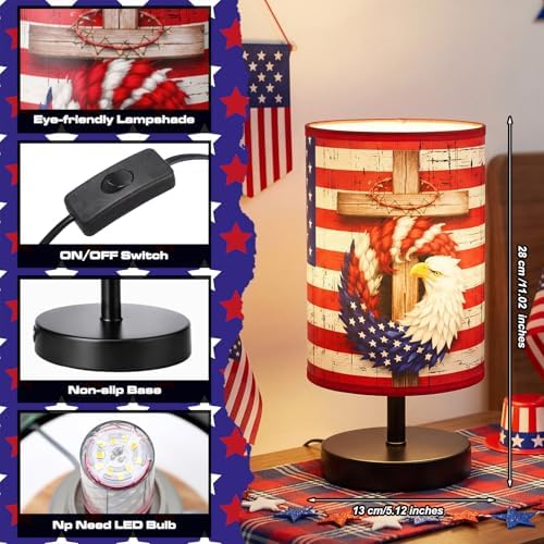 Glooglitter 4th of July Table Lamps 3 Colors Dimmable Lights 11.02 x 5.12 Inch Patriotic Bedroom Lamps Independence Day American Flag Bedside Night Light for Desk Memorial Day Birthday Gifts - Image 3