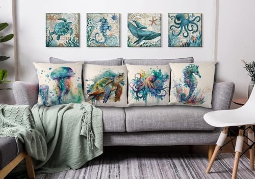 Beach Throw Pillow Covers 20x20" Set of 4, Ocean Theme Sea Turtle Seahorse Octopus Jellyfish Pillow Case Covers for Couch Sofa Bed Home Decor Square Pillowcase Coastal Outdoor Patio Furniture Cushions - Image 2