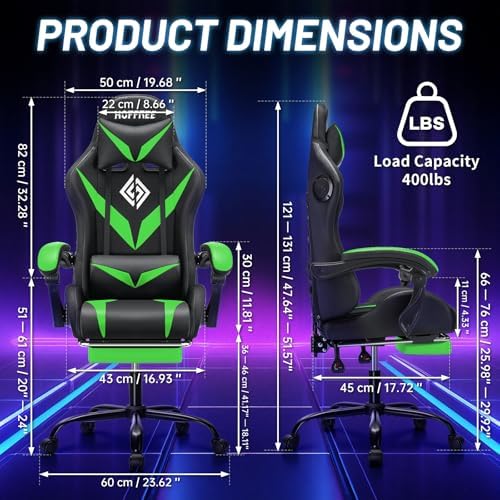 LED Gaming Chair with Speakers RGB Lights Massage Computer Chairs-Green | Bluetooth Game Chairs for Adults;Ergonomic High Back Video Game Chair; Reclining Gamer Chair with Footrest Lumbar Support - Image 2