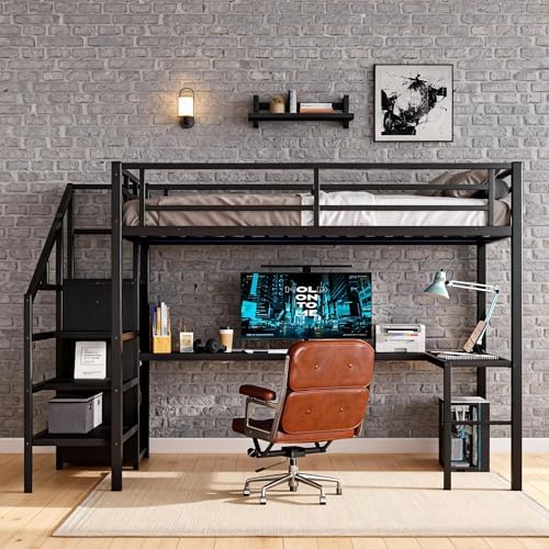 Full Size Loft Bed with Desk and Storage Stairs, Metal Loft Bed Frame with Multi-color LED Lights, Charging Station, and Hanging Rod, Heavy-duty Loftbed for Kids, Teens, Adults, Noise-free, Black - Image 3