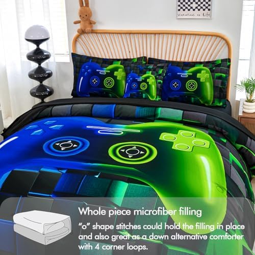 PERFEMET 6-Piece Game Twin Comforter Set for Kids Blue and Green Boys Gaming Bed in a Bag with Sheets Soft 3D Cool Fluffy Video Game Console Bedding Set for Girls Teen(Blue Green, Twin) - Image 6
