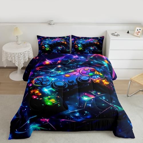Feelyou Kids Gamer Comforter Set Toddler Size, Galaxy Gaming Bedding Set Glitter Game Comforter Boys Girls Gamepad Teens Duvet Set Bedroom Decor Bed Set 2Pcs by Feelyou