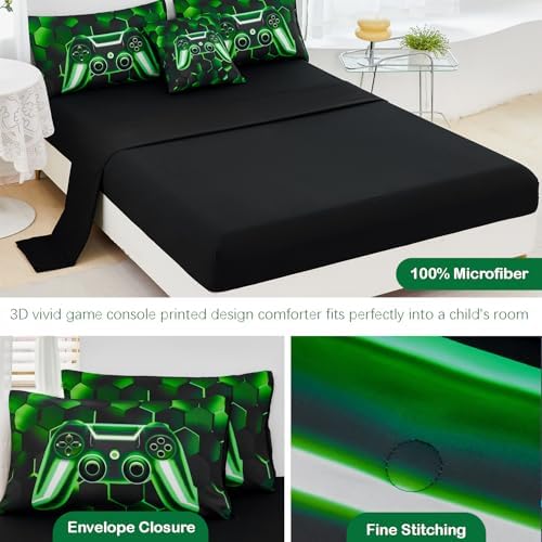 URBONUR Black Green Gaming Full Comforter Set for Boys 6Pcs Bed in A Bag - Image 6