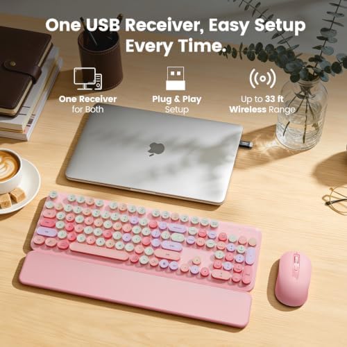 Wireless Keyboard and Mouse Combo with Magnetic Wrist Rest, Round Keycaps, Full-Size Retro Typewriter-Style Keyboard, Two-Stage Tilt Legs, Auto-Sleep, 2.4GHz for Windows PC Laptop, Pink Colorful - Image 6