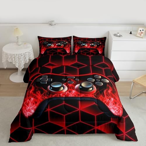Red Neon Geometric 3D Geometric Comforter Set - Flame Gaming Console Gamer Decor for Boys Bedroom - Image 5