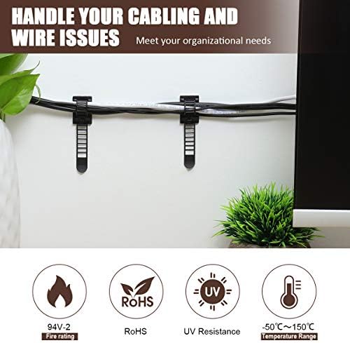 50Pcs Adhesive Cable Management Clips with 50Pcs Zip Ties, Adjustable Nylon Cable Strap Ties Wire Clips Clamps Organizer with Strong Adhesive Tape, Extra Screw & Hole - 3.35 Inch Black - Image 2