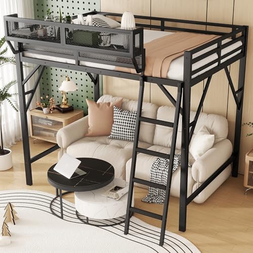 KEIKI Queen Size Metal Loft Bed Frame with Ladder and Built-in Storage Shelves, for Teens, Modern Style Loft Bed with Solid Slats, Guardrail, No Box Spring Required, Easy Assembly, for Bedroom, Black - Image 3