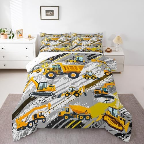 Boys Construction Comforter Set Truck Bedroom Decor for Kids Girls Under Construction Vehicles Down Comforter Nursery Children Cartoon Machinery Truck Excavator Bedding Tractor Cars Duvet Quilt,Full - Image 6