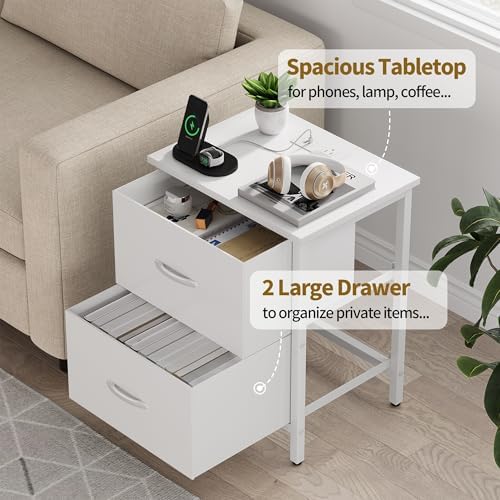 Vagusicc Nightstand with Charging Station, Bedside Table with USB Ports and Outlet, End Table Side Table with 2 Fabric Drawers for Bedroom, Living Room, White - Image 5