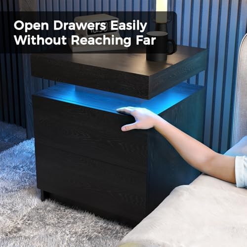 LED Nightstands Set of 2, Modern Black Night Stand End Tables with APP & Remote Control LED Lighting, 2 Drawers, Open Shelf Storage, Bedside Tables for Bedroom and Living Room - Image 6