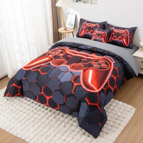 6Pcs Gamer Comforter Set with Sheets for Boys Girls Kids Teens, Colorful Gaming Themed Bed in A Bag Twin Size, Black 3D Video Game Controller Bedroom Decor Bedding Set - Image 3