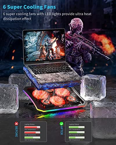 Laptop Cooling Pad, KeiBn RGB Lights Laptop Cooler 6 Fans for 15.6-17.3 Inch Laptops, 7 Height Stands, 10 Modes Light, 2 USB Ports, Desk or Lap Use (A8,Red) - Image 2
