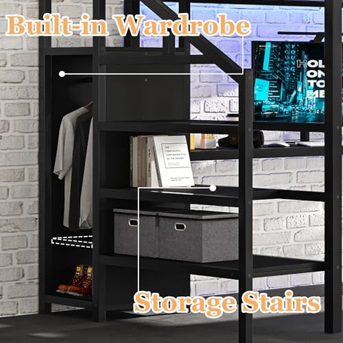 Bellemave Full Size Metal Loft Bed with L Shaped Desk and Wardrobe, Heavy Duty Loft Bed Frame with Storage Stairs, LED Loft Bed Frame with Charging Station & Safety Guard, Space Saving Loft Bed, Black - Image 5