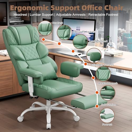 Vonesse Office Chair, Desk Chair with Soft Adjustable Armrests, Ergonomic High Back Gaming Chair with Lumbar Support, Executive Computer Chairs with Footrest (PU Leather, Green) - Image 3
