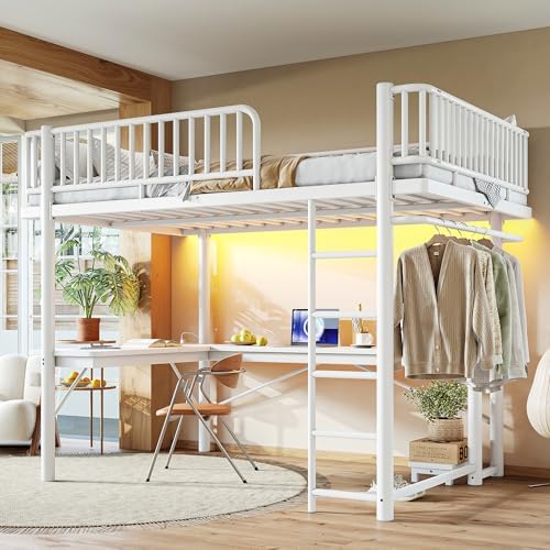 Bellemave Queen Metal Loft Bed with L-Shaped Desk,LED Lights and Charging Station,Heavy Duty Loft Bed Frame with Hanging Rod & CPU Tray for Kids Teens Adults,Space-Saving,White by Bellemave