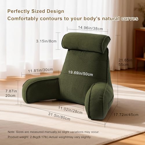 Corduroy Reading Pillow, Backrest Pillow for Sitting Up in Bed, Bed Rest Back Support Cushion for Daybed Sofa Couch, Lounge Pillow with Arms, Side Pockets & Washable Cover, Avocado Green - Image 2