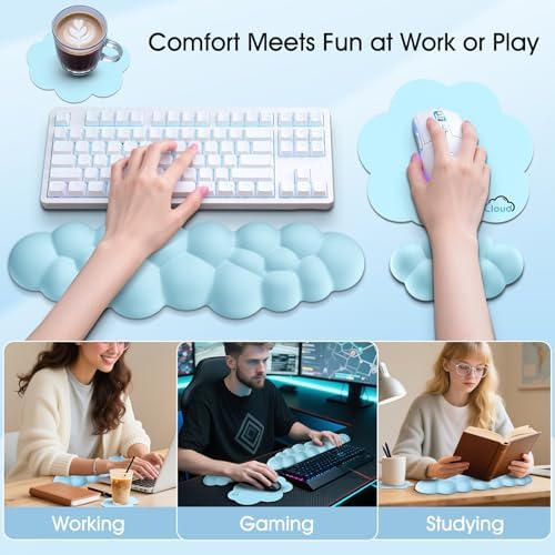 Cloud Wrist Rest Keyboard Cushion and Cloud Mouse Pad, Blue | 4-in-1 Ergonomic Cloud Keyboard Wrist Rest Set, Memory Foam, Arm Support for Palm, Cute Desk Accessory for PC Gaming Setup - Image 6