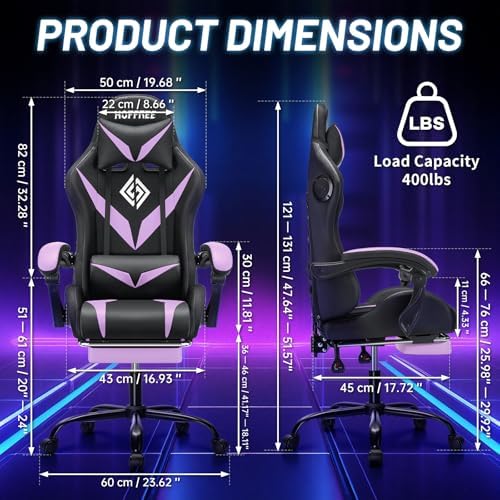 LED Gaming Chair with Speakers RGB Lights Massage Computer Chairs-Purple | Bluetooth Game Chairs for Adults;Ergonomic High Back Video Game Chair; Reclining Gamer Chair with Footrest Lumbar Support - Image 2