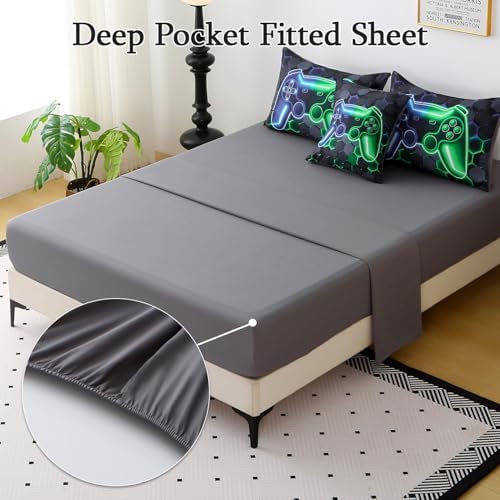 JQinHome Full Gaming Bedding Set 6-Piece Comforter for Kids Teens - 3D Video Game Console Print Bed in a Bag with Ultra-Soft Fluffy Sheets, Blue-Green Unisex Design (Full) - Image 4