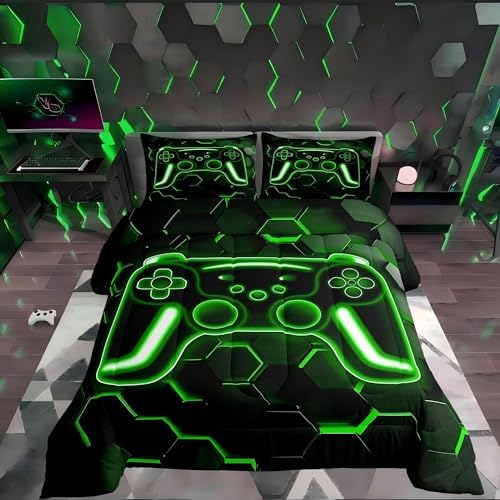 Erosebridal Gamer Comforter Set Neon Honeycomb Gaming King Bedding Set, Game Boy Games Comforter Green Hexagon Lights Duvet Insert,Boys Bedroom Decor by Erosebridal
