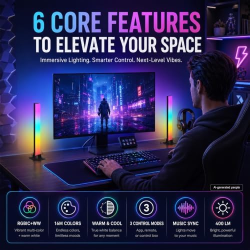 FFJ TV Light Bars, 9.5 Inch RGB Lights for Bedroom, Music Sync, Black - Image 2