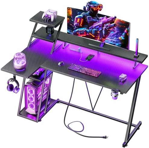 Korfile 55 Inch Gaming Desk with Power Outlet, LED, Monitor Stand, Black by Korfile