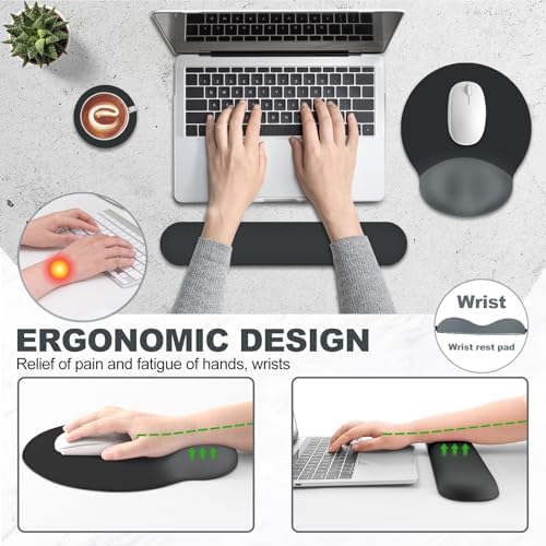 AIMSA Mouse Pad with Wrist Rest Support, Keyboard Wrist Rest Set, Ergonomic Memory Foam Mousepad for Computer Keyboard, Easy Typing and Pain Relief, Black Gray - Image 3
