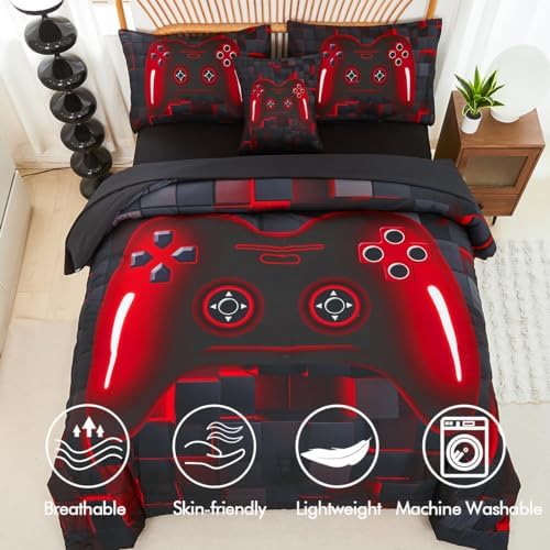 PERFEMET 6-Piece Boys Comforter Set Full Size Game Console Bedding Set for Kids Teen 3D Black and Red Gamepad Gaming Bed in a Bag Matching Sheet Set(Red, Full) - Image 4