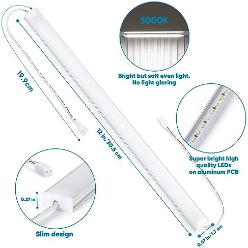 Litever Under Cabinet Lights Plug in, 3 pcs 12 Inches LED Light Strip Bars. Super Bright Dimmable Linkable for Kitchen Under Cabinets Shelf Work Space Desk Closet Lighting. Daylight 5000K - Image 4