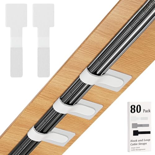 80PCS Hook and Loop Cable Straps, Cable Management Under Desk, Adhesive Cable Ties, Reusable Wire Organizers for Cords, Cords Management, Computer Accessories for Desk, Home Office Essentials, White by Sereficy