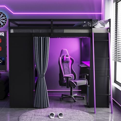 Merax Full Size Loft Bed with Desk and 6 Storage Shelves, Wardrobe, Blackout Curtain, Solid Wood Gaming Loft Bed Frame with USB Port & RGB Lights, No Box Spring Needed, Space-Saving, Black+Purple - Image 3